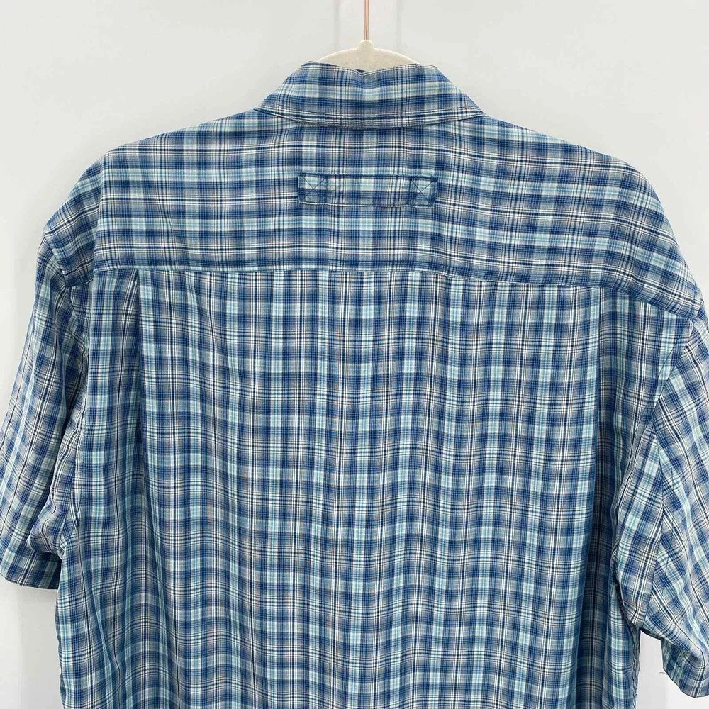 Duluth Trading Co Button Front Camp Shirt Mens Medium Blue Plaid Polyester Nylon